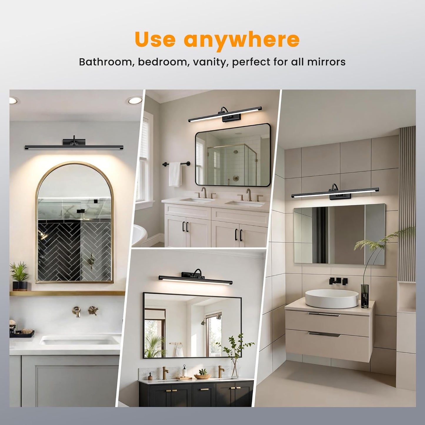 Bathroom Vanity Light Wireless Rechargeable Black 24 inch Black | 10000mAh Rechargeable Battery, 500LM Dimmable, 3 Color Temps, No Wiring , 250° Rotatable with Remote for Bathroom Mirror