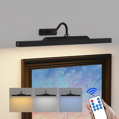 16‘’Picture Light Wireless, Plastic material,5000mAh Battery Powered Art Light for Pictures, 350LM, Dimmable, Remote Control, 16in Wall Gallery Light for Display, Wall, Artwork,Photos