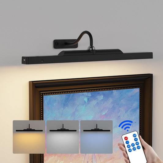 16‘’Picture Light Wireless, Plastic material,5000mAh Battery Powered Art Light for Pictures, 350LM, Dimmable, Remote Control, 16in Wall Gallery Light for Display, Wall, Artwork,Photos