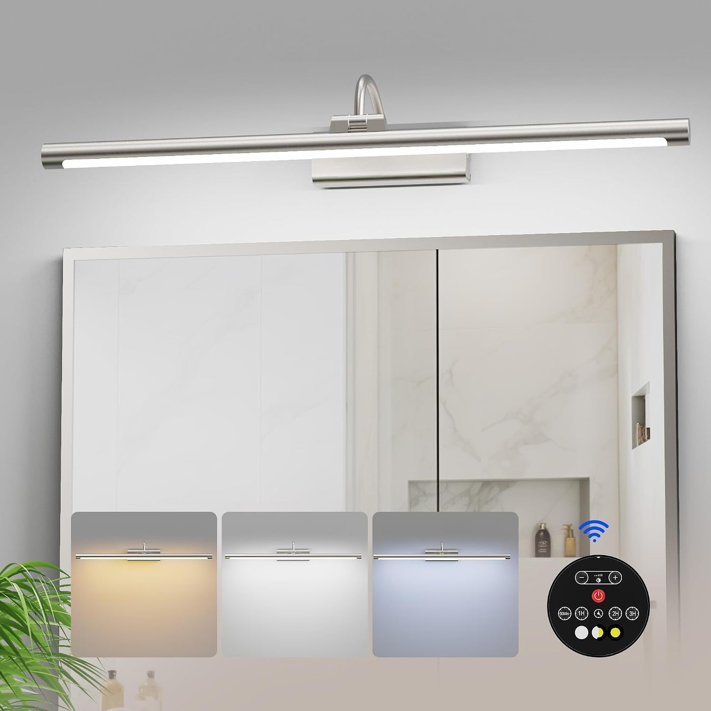 Bathroom Vanity Light Wireless Rechargeable Black 24 inch Black | 10000mAh Rechargeable Battery, 500LM Dimmable, 3 Color Temps, No Wiring , 250° Rotatable with Remote for Bathroom Mirror