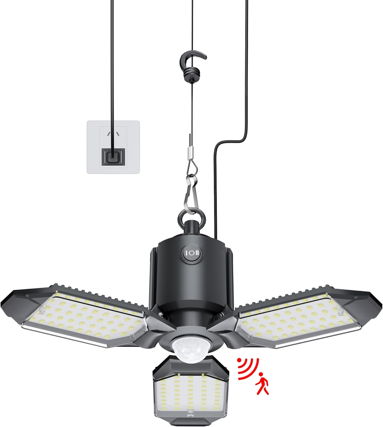 Motion Activated Plug In Garage LED Light 80W 8000LM Deformable Multi-Angle Adjustable Panels Automatic Sensor Ceiling Lamp for Basement, Warehouse, Retail Shop