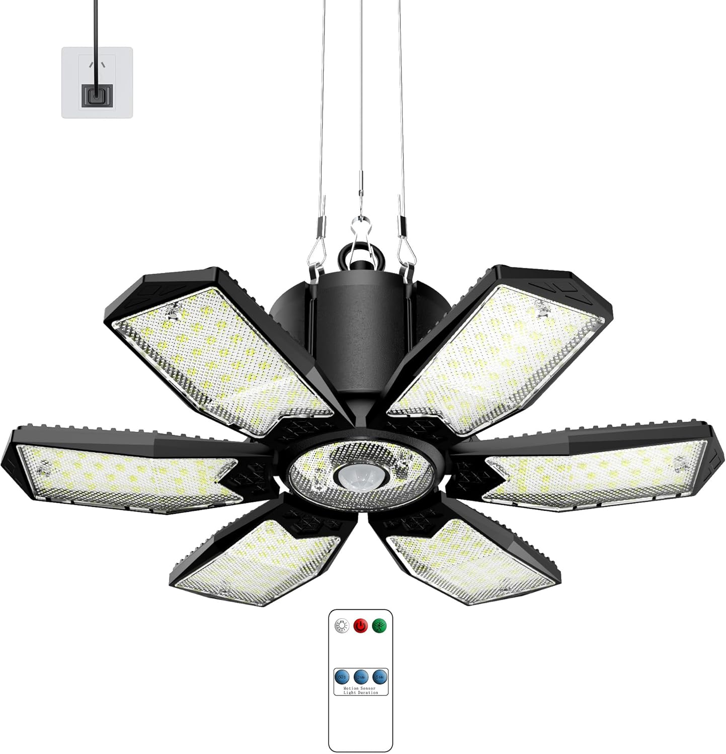 Plug-in Motion Sensor Garage Light, 200W 20000LM Deformable Motion Activated LED Shop Light with PIR & Dusk to Dawn Sensor, Indoor Ceiling Light for Basement, Workshop, Warehouse, Attic