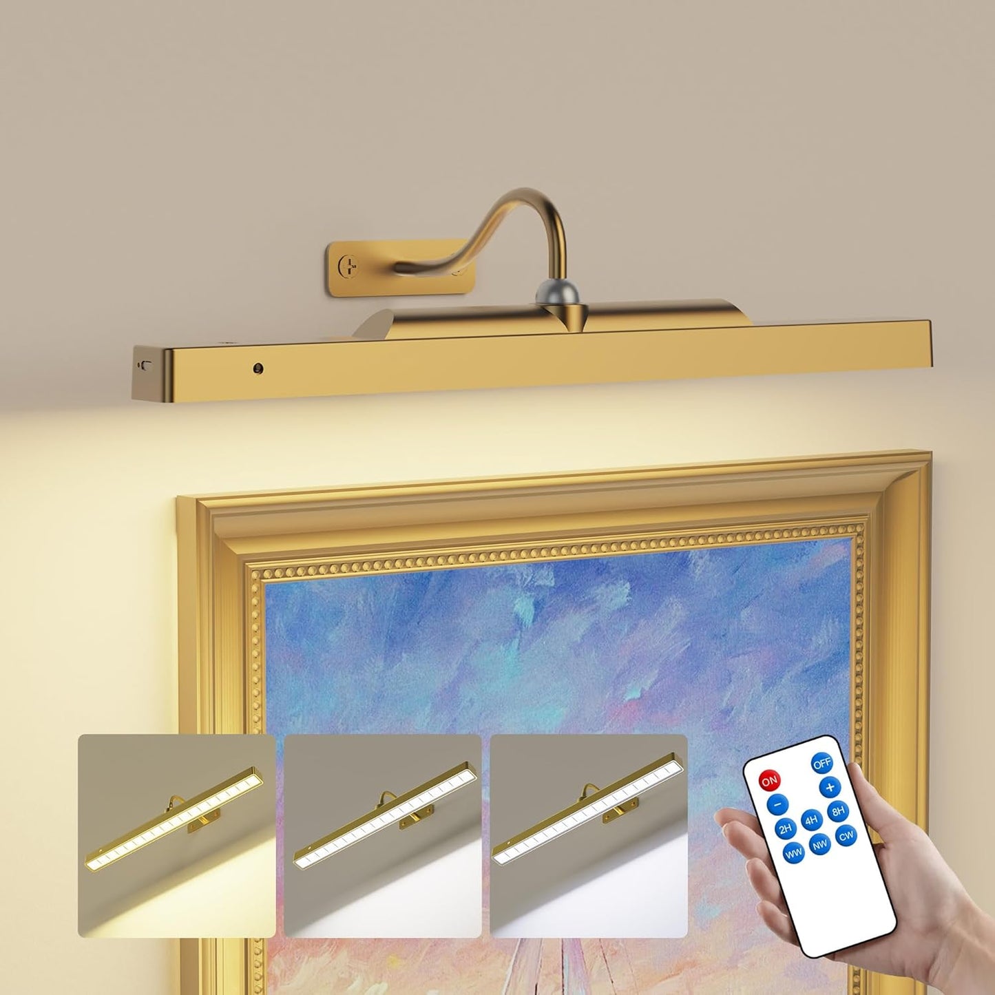 16‘’Picture Light Wireless, Plastic material,5000mAh Battery Powered Art Light for Pictures, 350LM, Dimmable, Remote Control, 16in Wall Gallery Light for Display, Wall, Artwork,Photos