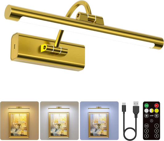 13“Picture Light for Wall Battery Powered, Cordless Frame Painting Light with 6000mAh Rechargeable Battery, Dimmable 3 Color Temps 350LM Remote Control, for Painting Artwork Gallery Museum - Brass