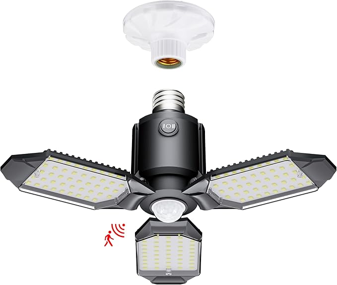 Plug-in Motion Sensor Garage Light, 80W 8000LM Deformable Motion Activated LED Shop Light with Dusk to Dawn Sensor & 3 Modes, Indoor Ceiling Lamp for Stairway, Workshop, Basement, Warehouse