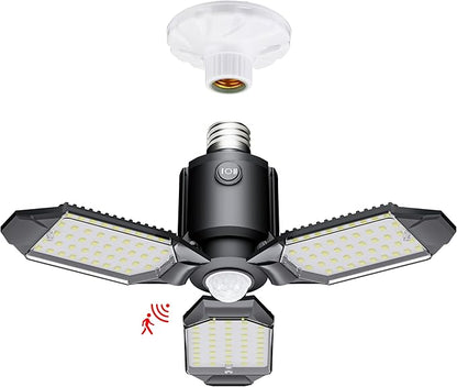 Plug-in Motion Sensor Garage Light, 80W 8000LM Deformable Motion Activated LED Shop Light with Dusk to Dawn Sensor & 3 Modes, Indoor Ceiling Lamp for Stairway, Workshop, Basement, Warehouse