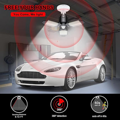 Plug-in Motion Sensor Garage Light, 80W 8000LM Deformable Motion Activated LED Shop Light with Dusk to Dawn Sensor & 3 Modes, Indoor Ceiling Lamp for Stairway, Workshop, Basement, Warehouse