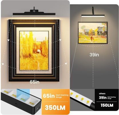 16‘’Picture Light Wireless, Plastic material,5000mAh Battery Powered Art Light for Pictures, 350LM, Dimmable, Remote Control, 16in Wall Gallery Light for Display, Wall, Artwork,Photos