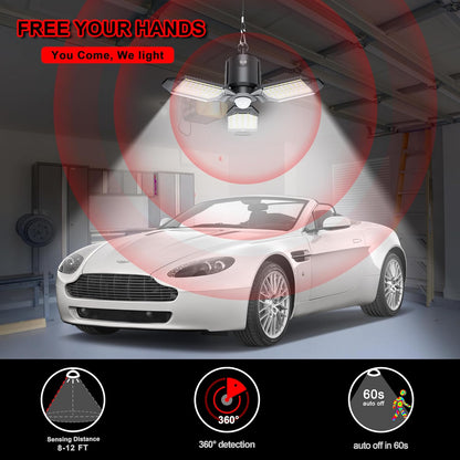 Motion Activated Plug In Garage LED Light 80W 8000LM Deformable Multi-Angle Adjustable Panels Automatic Sensor Ceiling Lamp for Basement, Warehouse, Retail Shop