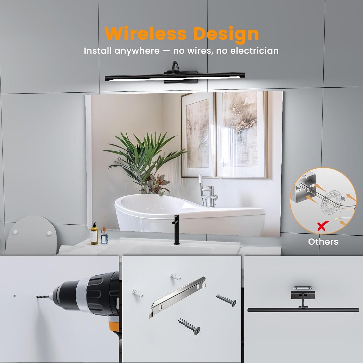 Bathroom Vanity Light Wireless Rechargeable Black 24 inch Black | 10000mAh Rechargeable Battery, 500LM Dimmable, 3 Color Temps, No Wiring , 250° Rotatable with Remote for Bathroom Mirror