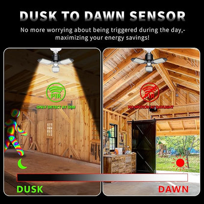 Plug-in Motion Sensor Garage Light, 80W 8000LM Deformable Motion Activated LED Shop Light with Dusk to Dawn Sensor & 3 Modes, Indoor Ceiling Lamp for Stairway, Workshop, Basement, Warehouse