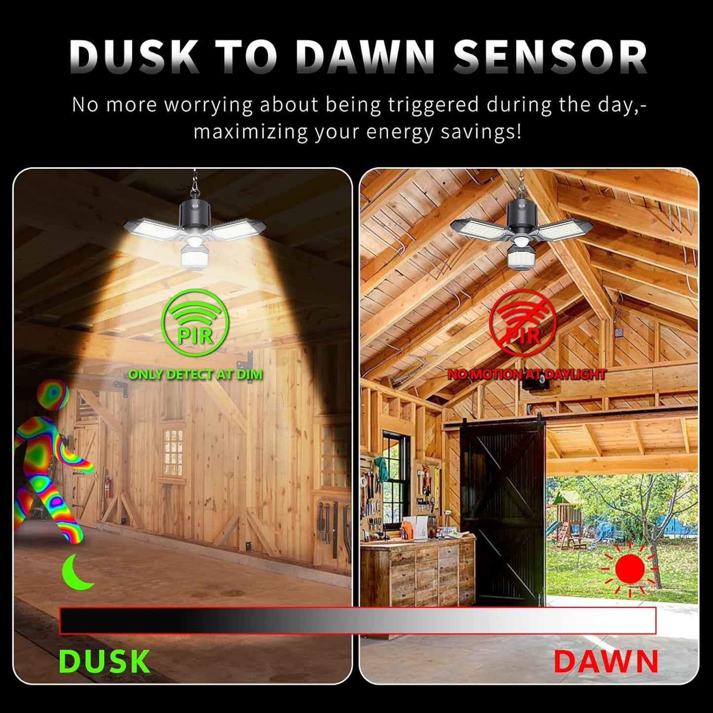 Motion Activated Plug In Garage LED Light 80W 8000LM Deformable Multi-Angle Adjustable Panels Automatic Sensor Ceiling Lamp for Basement, Warehouse, Retail Shop