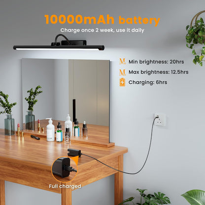 Bathroom Vanity Light Wireless Rechargeable Black 24 inch Black | 10000mAh Rechargeable Battery, 500LM Dimmable, 3 Color Temps, No Wiring , 250° Rotatable with Remote for Bathroom Mirror