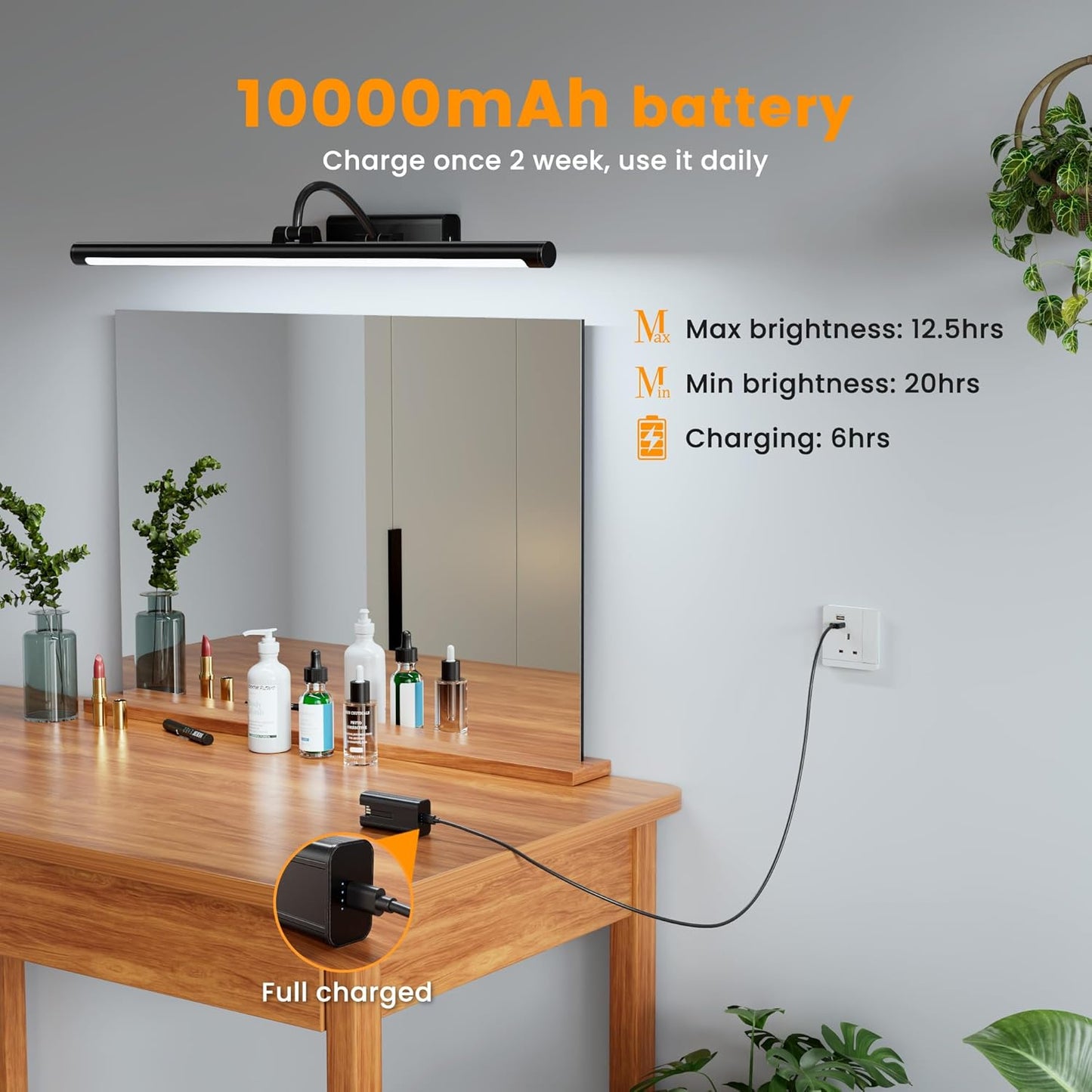 Bathroom Vanity Light Wireless Rechargeable Black 24 inch Black | 10000mAh Rechargeable Battery, 500LM Dimmable, 3 Color Temps, No Wiring , 250° Rotatable with Remote for Bathroom Mirror