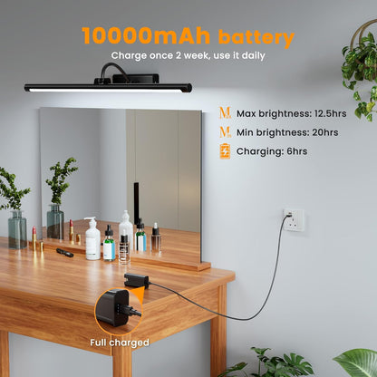 Bathroom Vanity Light Wireless Rechargeable Black 24 inch Black | 10000mAh Rechargeable Battery, 500LM Dimmable, 3 Color Temps, No Wiring , 250° Rotatable with Remote for Bathroom Mirror