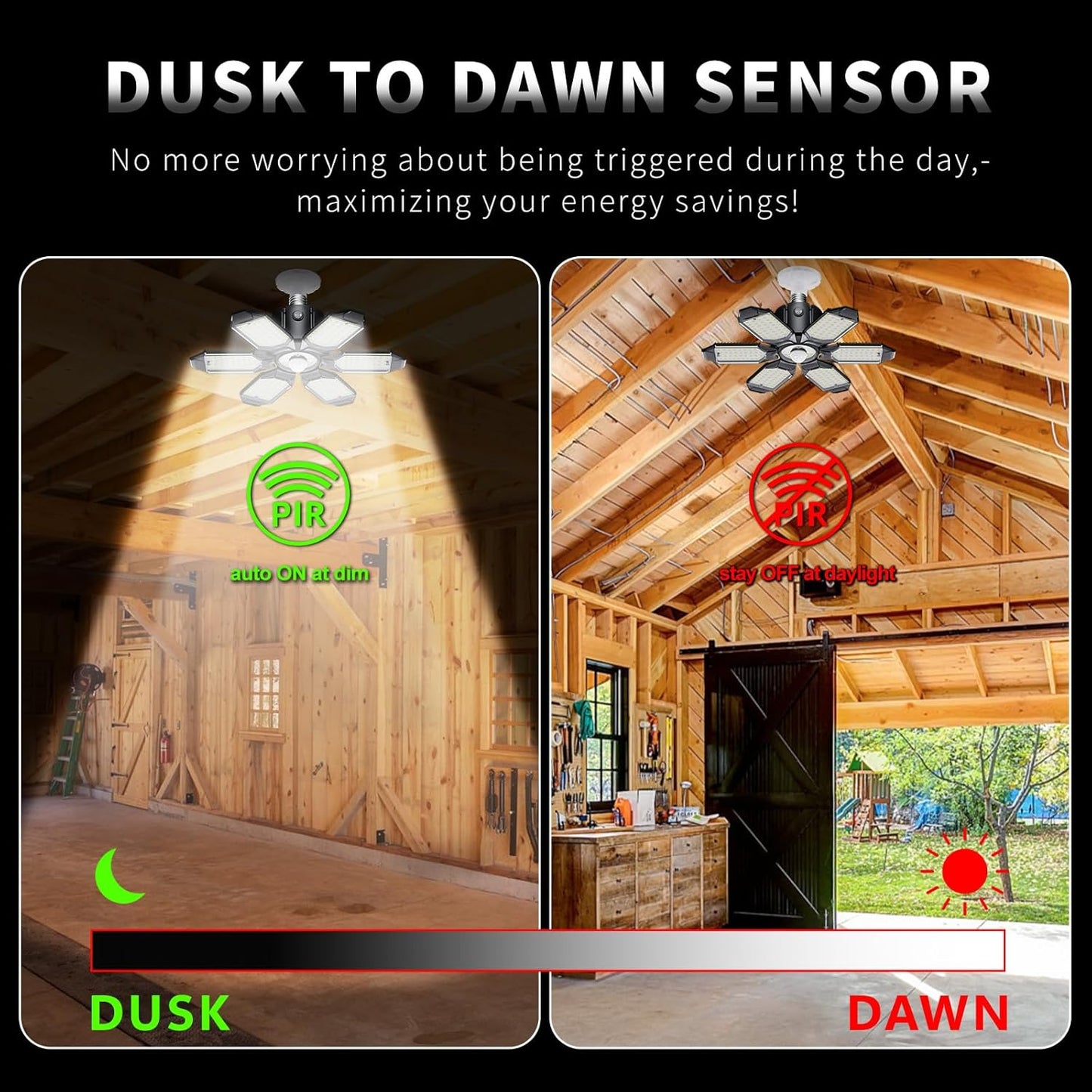 Motion Sensor Garage Light, 200W 20000LM E26/E27 Screw-in Motion Activated LED Ceiling Shop Light with Dusk to Dawn Sensor, Indoor Lighting for Basement, Barn, Attic, Warehouse