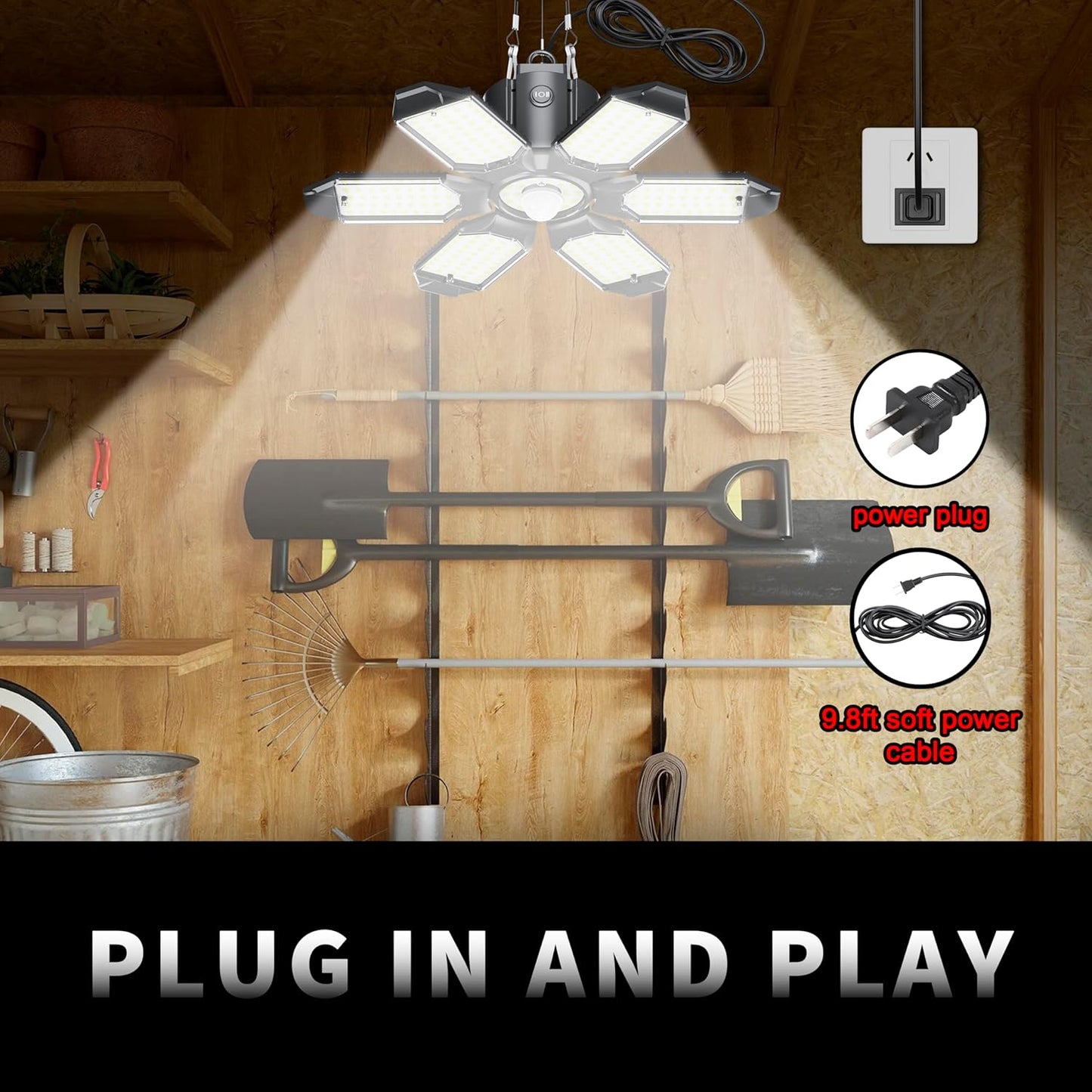 Plug-in Motion Sensor Garage Light, 200W 20000LM Deformable Motion Activated LED Shop Light with PIR & Dusk to Dawn Sensor, Indoor Ceiling Light for Basement, Workshop, Warehouse, Attic