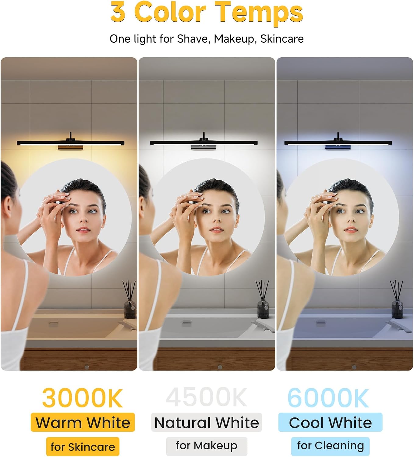 Bathroom Vanity Light Wireless Rechargeable Black 24 inch Black | 10000mAh Rechargeable Battery, 500LM Dimmable, 3 Color Temps, No Wiring , 250° Rotatable with Remote for Bathroom Mirror