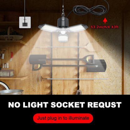 Motion Activated Plug In Garage LED Light 80W 8000LM Deformable Multi-Angle Adjustable Panels Automatic Sensor Ceiling Lamp for Basement, Warehouse, Retail Shop