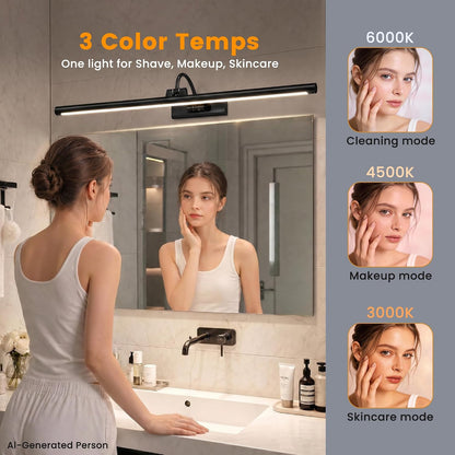Bathroom Vanity Light Wireless Rechargeable Black 24 inch Black | 10000mAh Rechargeable Battery, 500LM Dimmable, 3 Color Temps, No Wiring , 250° Rotatable with Remote for Bathroom Mirror