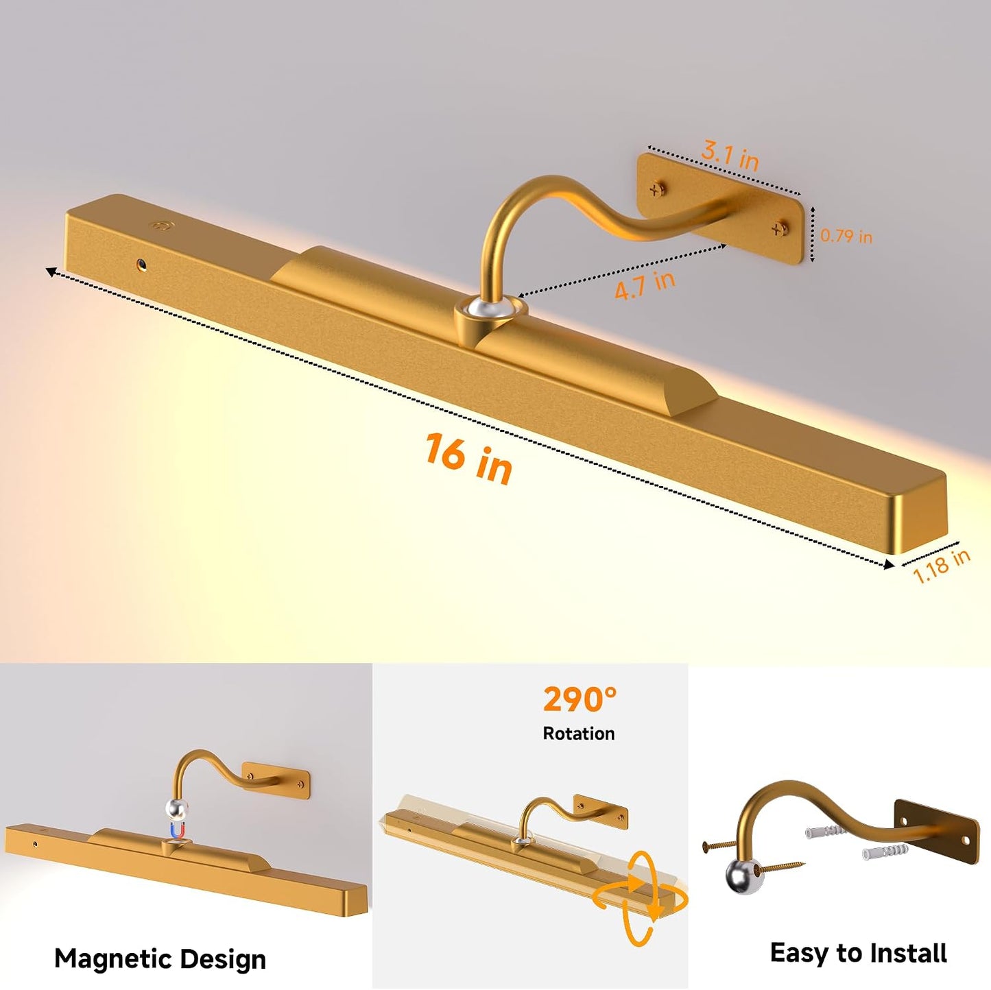Art Light for Wall Picture, 6000mAh Rechargeable Wireless Wall Sconce,Battery Operated Remote Dimmable Lighting for Hallway Sconce(24 in, Antique Gold)