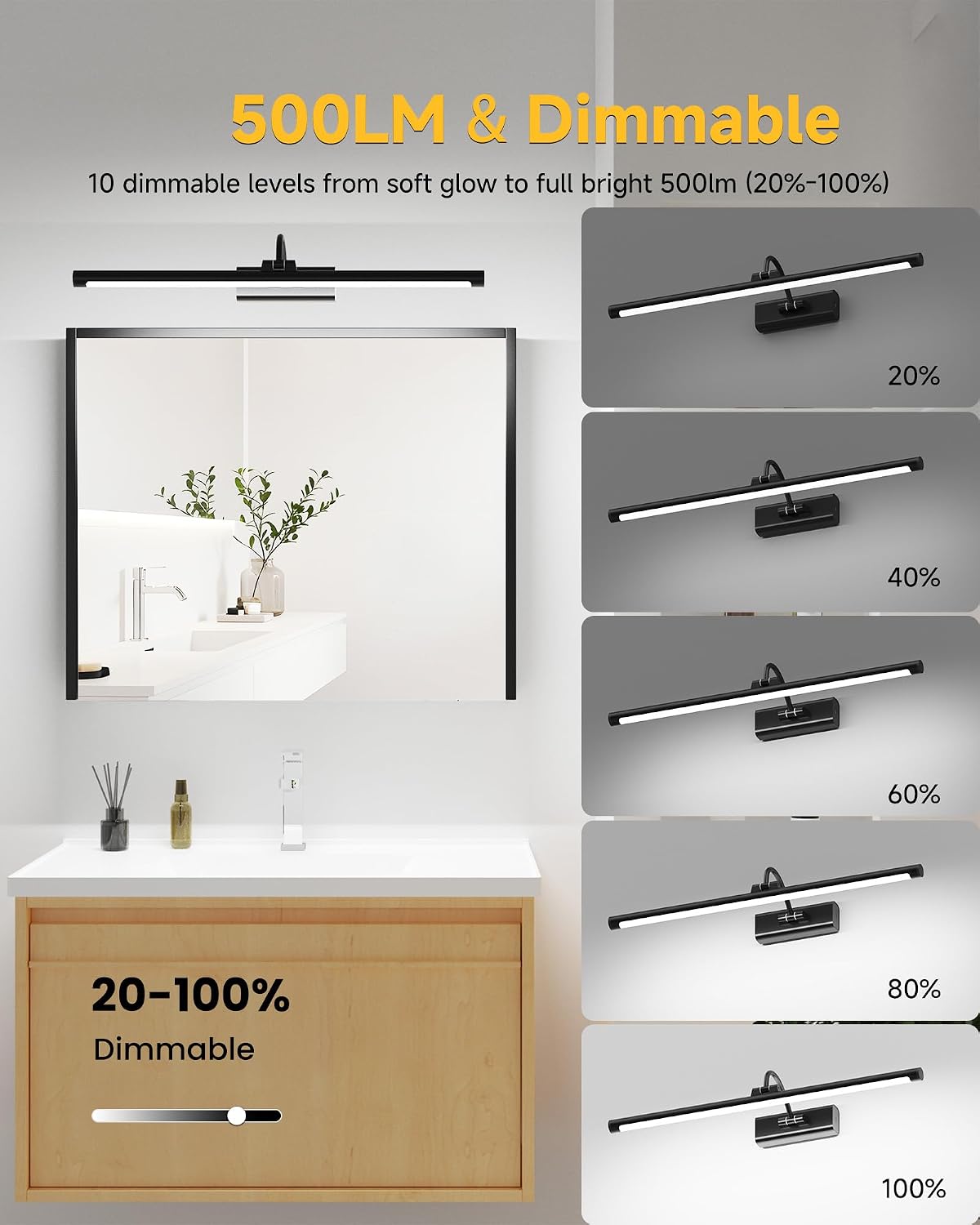 Bathroom Vanity Light Wireless Rechargeable Black 24 inch Black | 10000mAh Rechargeable Battery, 500LM Dimmable, 3 Color Temps, No Wiring , 250° Rotatable with Remote for Bathroom Mirror