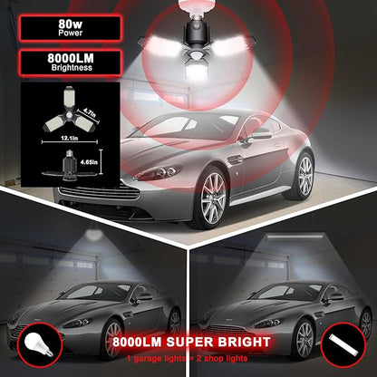 Plug-in Motion Sensor Garage Light, 80W 8000LM Deformable Motion Activated LED Shop Light with Dusk to Dawn Sensor & 3 Modes, Indoor Ceiling Lamp for Stairway, Workshop, Basement, Warehouse