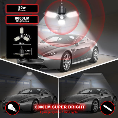 Motion Activated Plug In Garage LED Light 80W 8000LM Deformable Multi-Angle Adjustable Panels Automatic Sensor Ceiling Lamp for Basement, Warehouse, Retail Shop