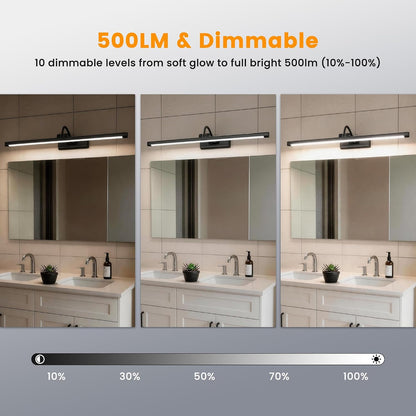 Bathroom Vanity Light Wireless Rechargeable Black 24 inch Black | 10000mAh Rechargeable Battery, 500LM Dimmable, 3 Color Temps, No Wiring , 250° Rotatable with Remote for Bathroom Mirror