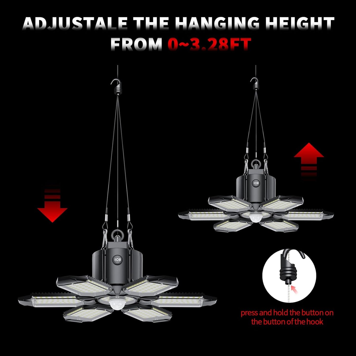 Plug-in Motion Sensor Garage Light, 200W 20000LM Deformable Motion Activated LED Shop Light with PIR & Dusk to Dawn Sensor, Indoor Ceiling Light for Basement, Workshop, Warehouse, Attic