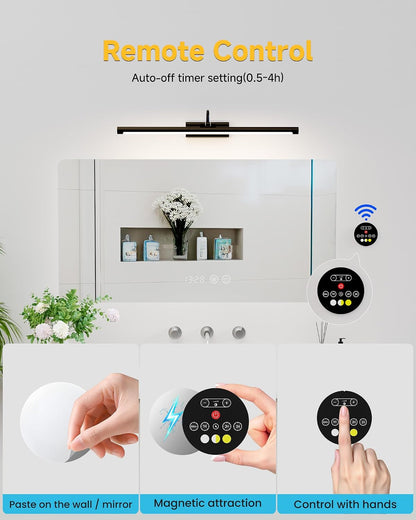 Bathroom Vanity Light Wireless Rechargeable Black 24 inch Black | 10000mAh Rechargeable Battery, 500LM Dimmable, 3 Color Temps, No Wiring , 250° Rotatable with Remote for Bathroom Mirror