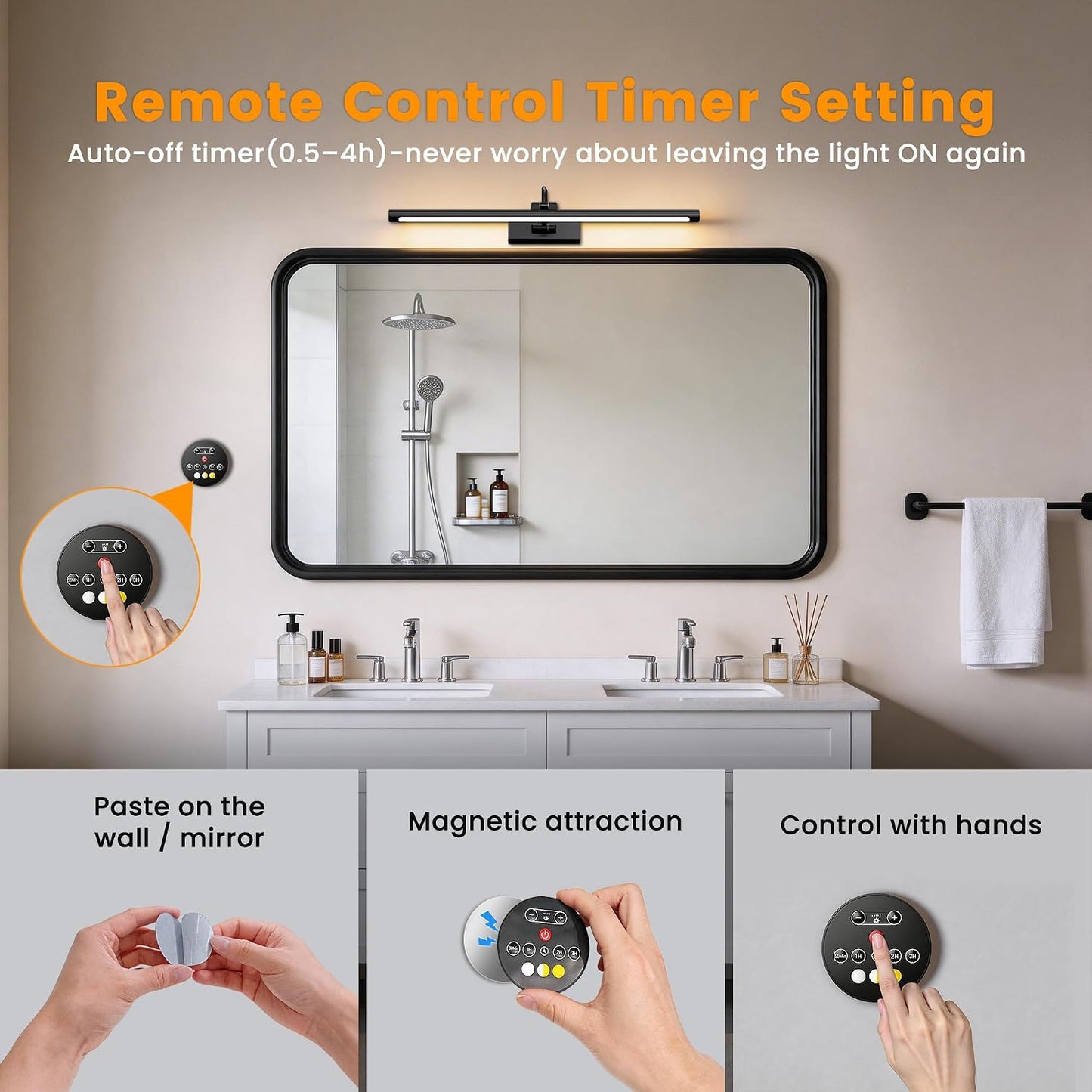 Bathroom Vanity Light Wireless Rechargeable Black 24 inch Black | 10000mAh Rechargeable Battery, 500LM Dimmable, 3 Color Temps, No Wiring , 250° Rotatable with Remote for Bathroom Mirror