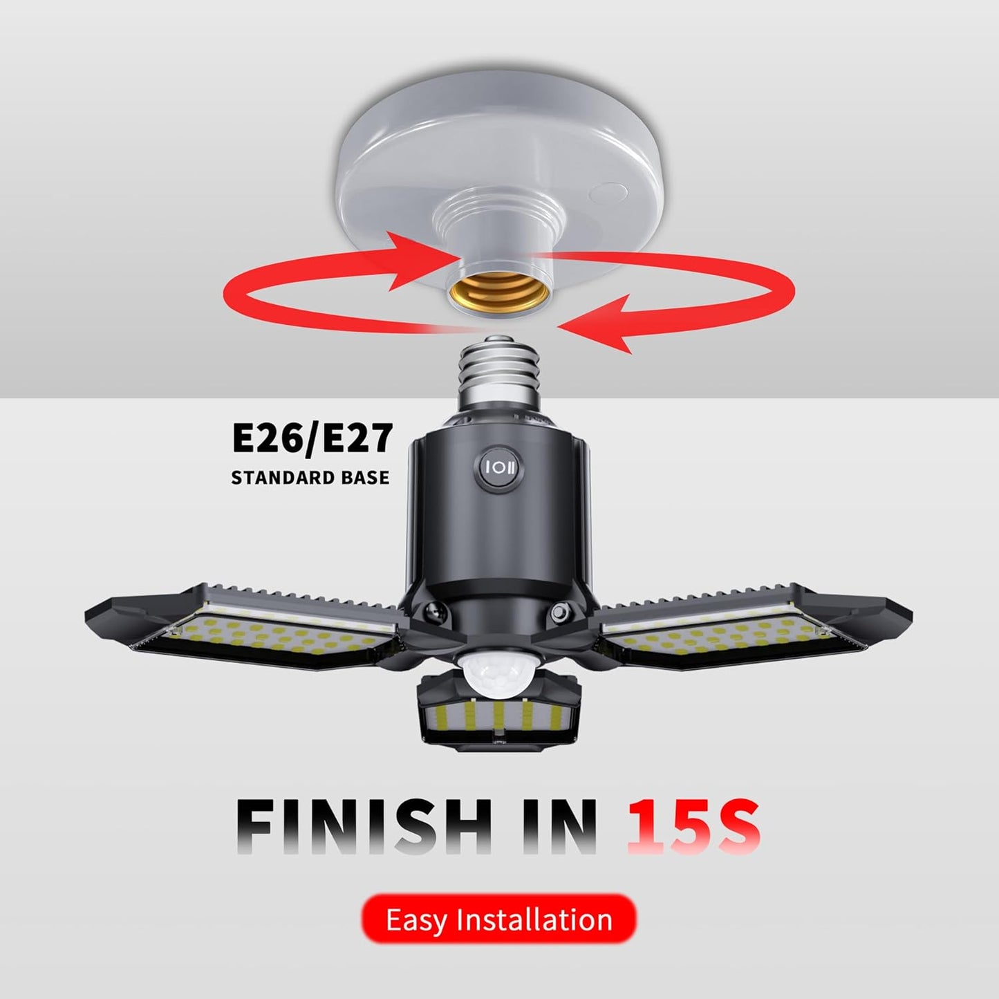 Plug-in Motion Sensor Garage Light, 80W 8000LM Deformable Motion Activated LED Shop Light with Dusk to Dawn Sensor & 3 Modes, Indoor Ceiling Lamp for Stairway, Workshop, Basement, Warehouse