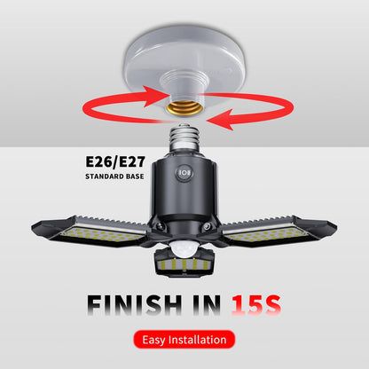 Plug-in Motion Sensor Garage Light, 80W 8000LM Deformable Motion Activated LED Shop Light with Dusk to Dawn Sensor & 3 Modes, Indoor Ceiling Lamp for Stairway, Workshop, Basement, Warehouse