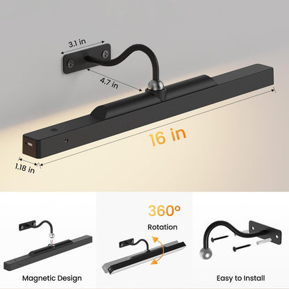 16‘’Picture Light Wireless, Plastic material,5000mAh Battery Powered Art Light for Pictures, 350LM, Dimmable, Remote Control, 16in Wall Gallery Light for Display, Wall, Artwork,Photos