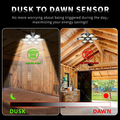 Plug-in Motion Sensor Garage Light, 200W 20000LM Deformable Motion Activated LED Shop Light with PIR & Dusk to Dawn Sensor, Indoor Ceiling Light for Basement, Workshop, Warehouse, Attic