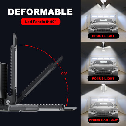 Plug-in Motion Sensor Garage Light, 80W 8000LM Deformable Motion Activated LED Shop Light with Dusk to Dawn Sensor & 3 Modes, Indoor Ceiling Lamp for Stairway, Workshop, Basement, Warehouse