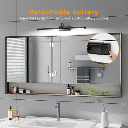 Bathroom Vanity Light Wireless Rechargeable Black 24 inch Black | 10000mAh Rechargeable Battery, 500LM Dimmable, 3 Color Temps, No Wiring , 250° Rotatable with Remote for Bathroom Mirror