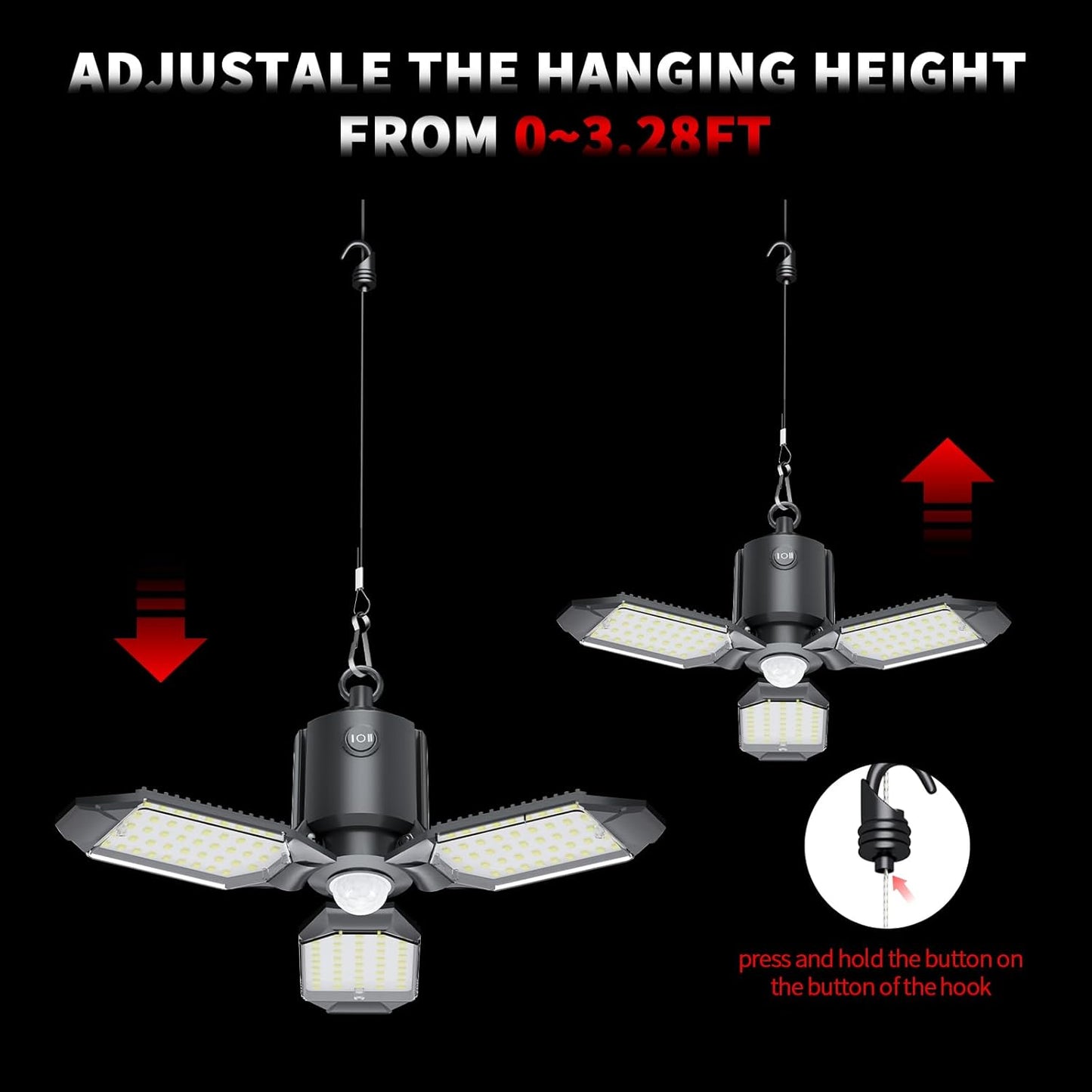 Motion Activated Plug In Garage LED Light 80W 8000LM Deformable Multi-Angle Adjustable Panels Automatic Sensor Ceiling Lamp for Basement, Warehouse, Retail Shop