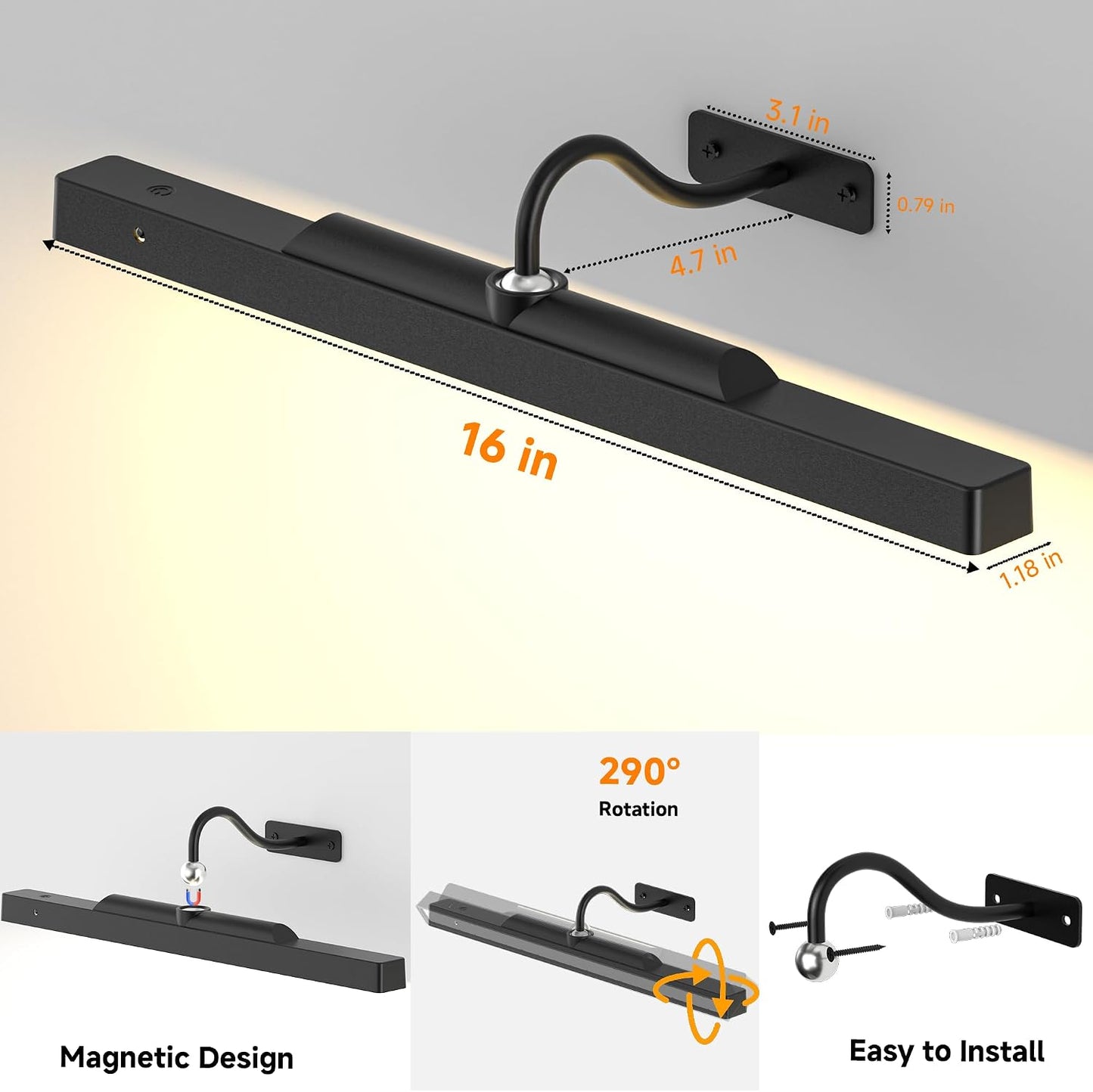 16‘’Picture Light Wireless, Plastic material,5000mAh Battery Powered Art Light for Pictures, 350LM, Dimmable, Remote Control, 16in Wall Gallery Light for Display, Wall, Artwork,Photos
