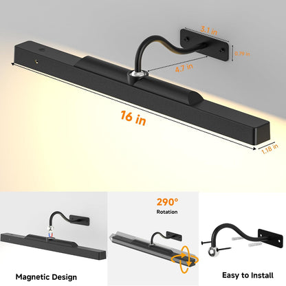 16‘’Picture Light Wireless, Plastic material,5000mAh Battery Powered Art Light for Pictures, 350LM, Dimmable, Remote Control, 16in Wall Gallery Light for Display, Wall, Artwork,Photos