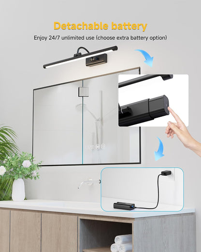 Bathroom Vanity Light Wireless Rechargeable Black 24 inch Black | 10000mAh Rechargeable Battery, 500LM Dimmable, 3 Color Temps, No Wiring , 250° Rotatable with Remote for Bathroom Mirror