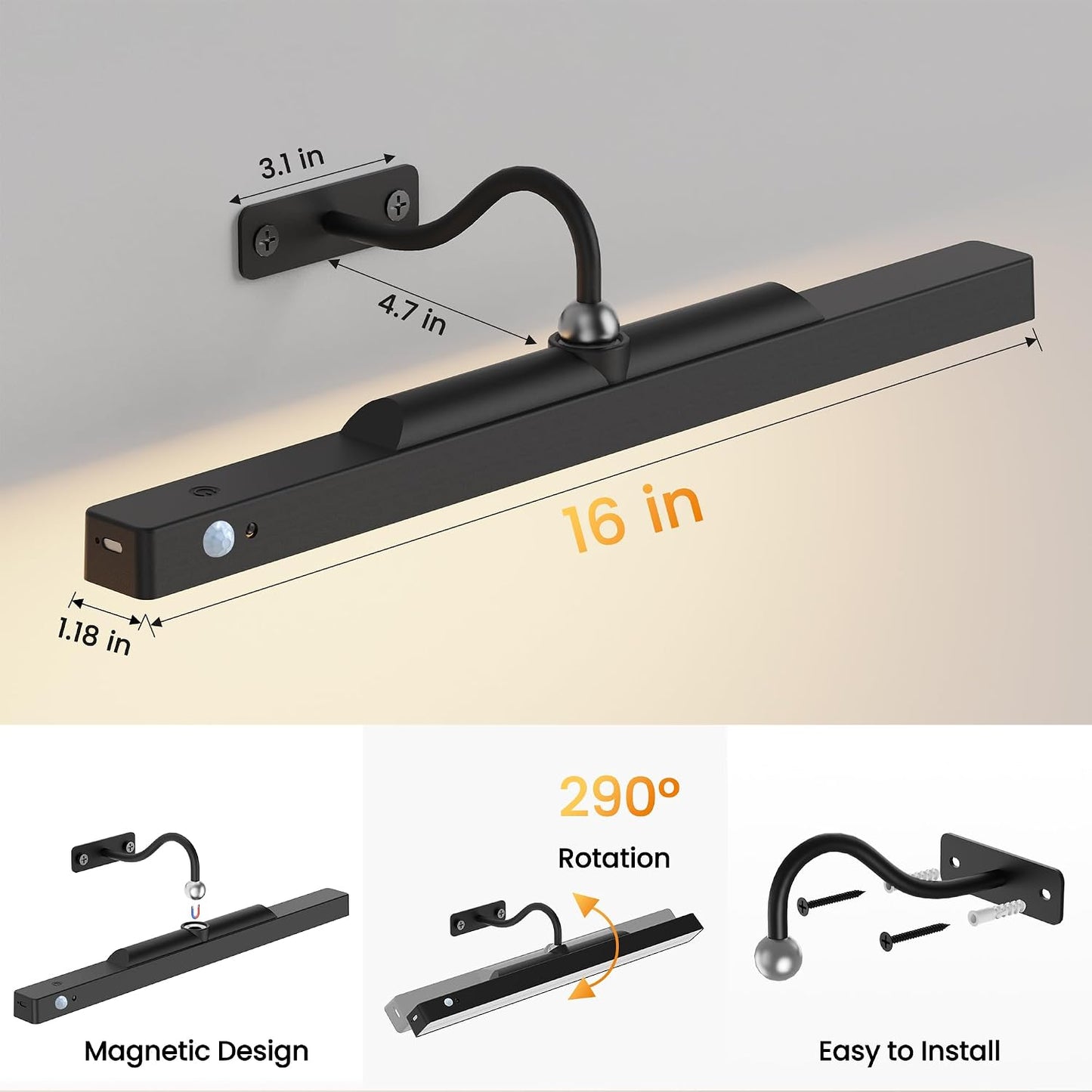 Picture Light for Wall Art Motion Sensor – 16'' Wireless and Dimmable Gallery Light, 5000mAh Rechargeable Remote Control Art Light Over Frame Paintings and Artworks