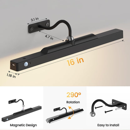Picture Light for Wall Art Motion Sensor – 16'' Wireless and Dimmable Gallery Light, 5000mAh Rechargeable Remote Control Art Light Over Frame Paintings and Artworks