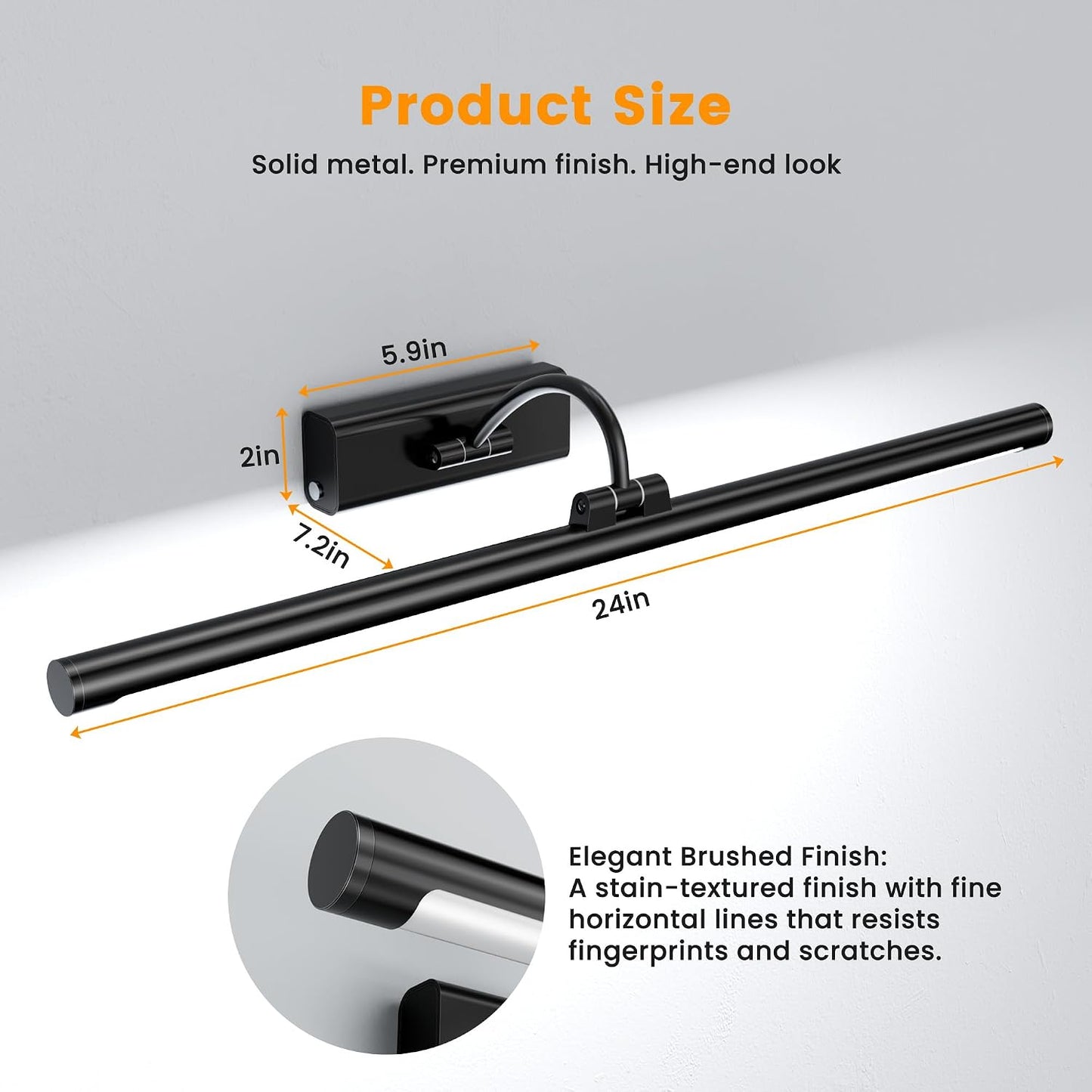 Bathroom Vanity Light Wireless Rechargeable Black 24 inch Black | 10000mAh Rechargeable Battery, 500LM Dimmable, 3 Color Temps, No Wiring , 250° Rotatable with Remote for Bathroom Mirror