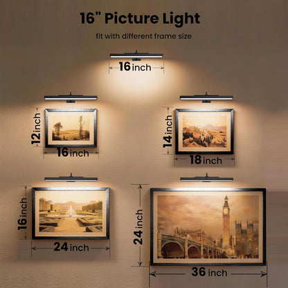 16‘’Picture Light Wireless, Plastic material,5000mAh Battery Powered Art Light for Pictures, 350LM, Dimmable, Remote Control, 16in Wall Gallery Light for Display, Wall, Artwork,Photos