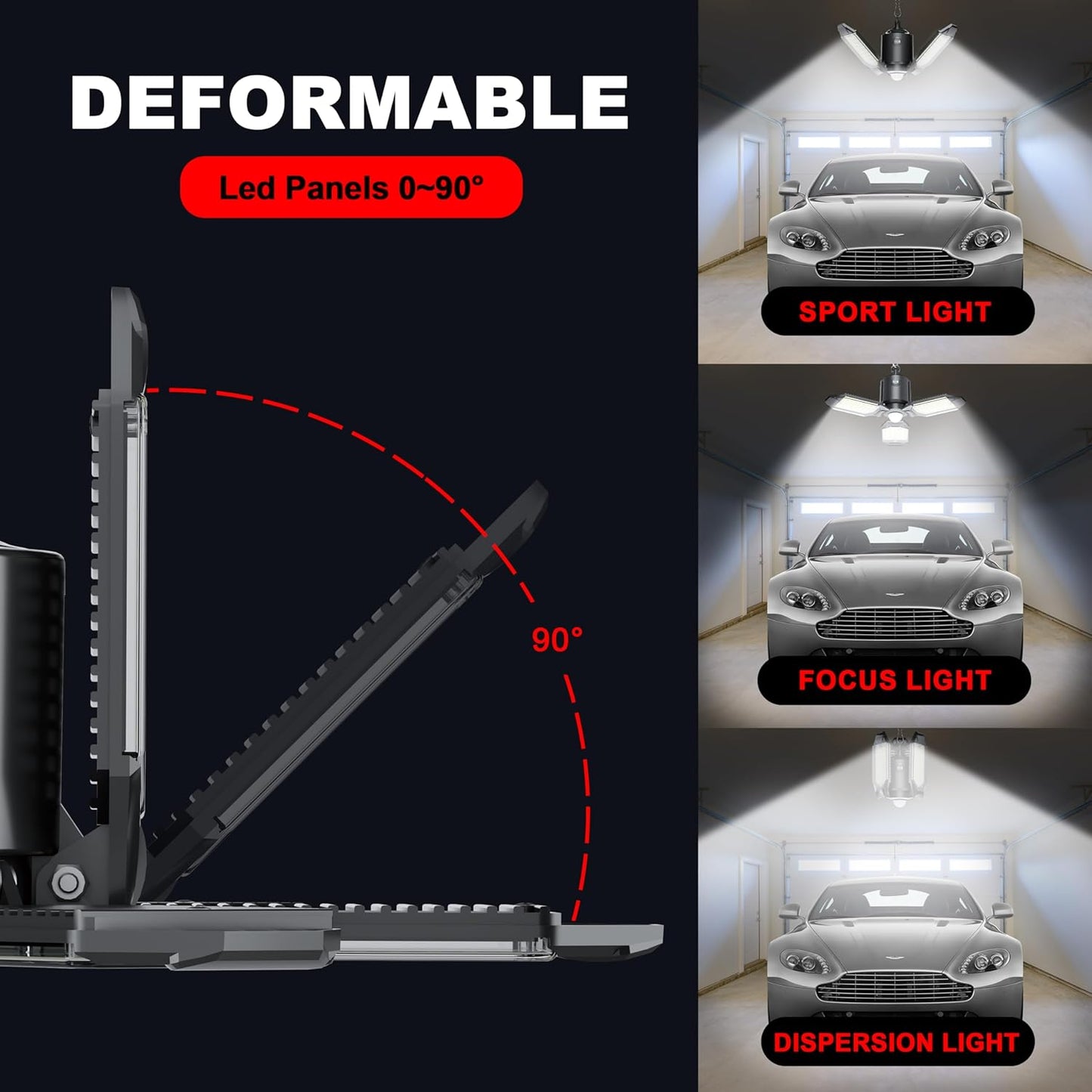 Motion Activated Plug In Garage LED Light 80W 8000LM Deformable Multi-Angle Adjustable Panels Automatic Sensor Ceiling Lamp for Basement, Warehouse, Retail Shop