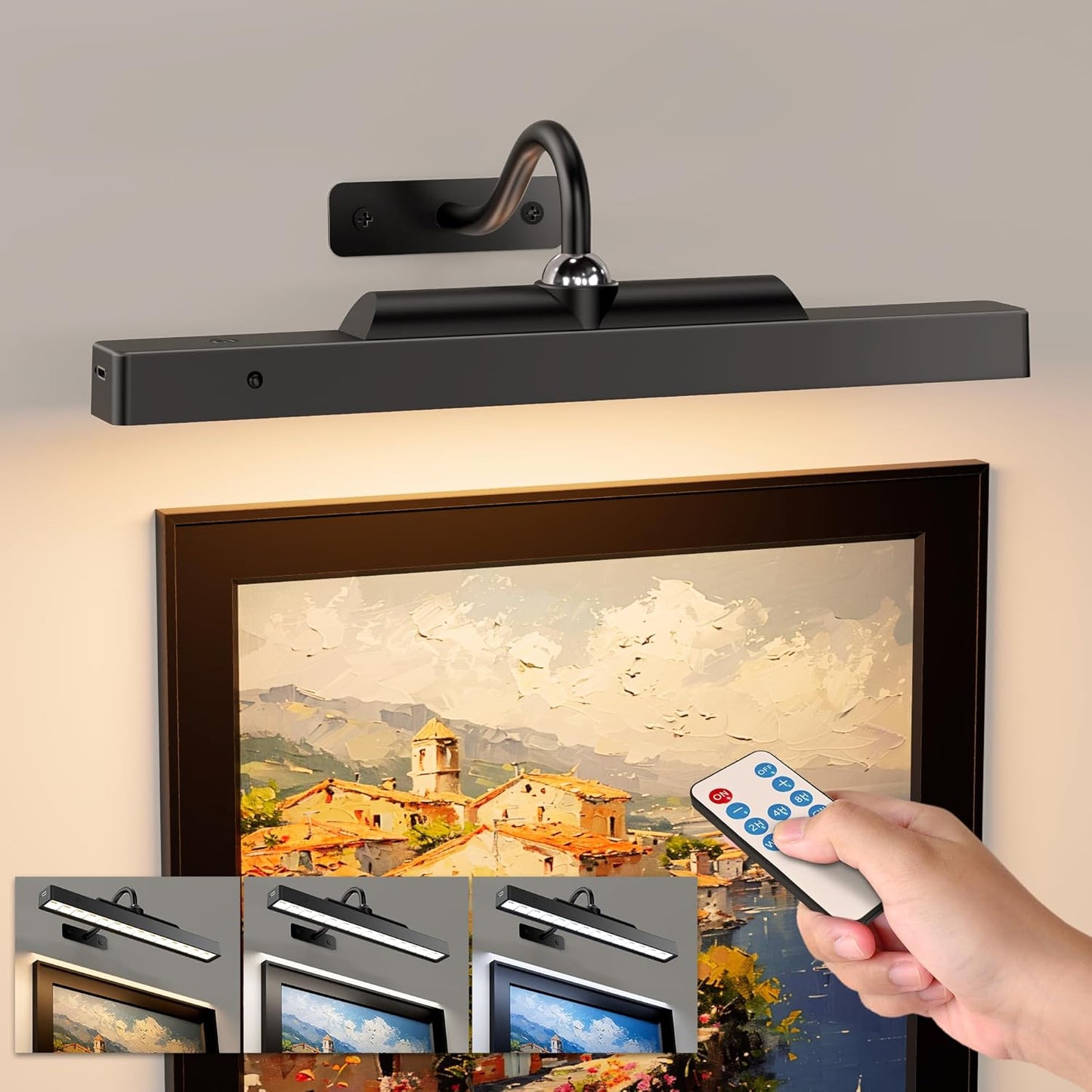 12‘’Picture Light for Wall, Plastic material,Rechargeable Wireless Battery Operated Painting Lighting, Dimmable LED with Remote 3CCT for Wall Art Gallery Display (Black)