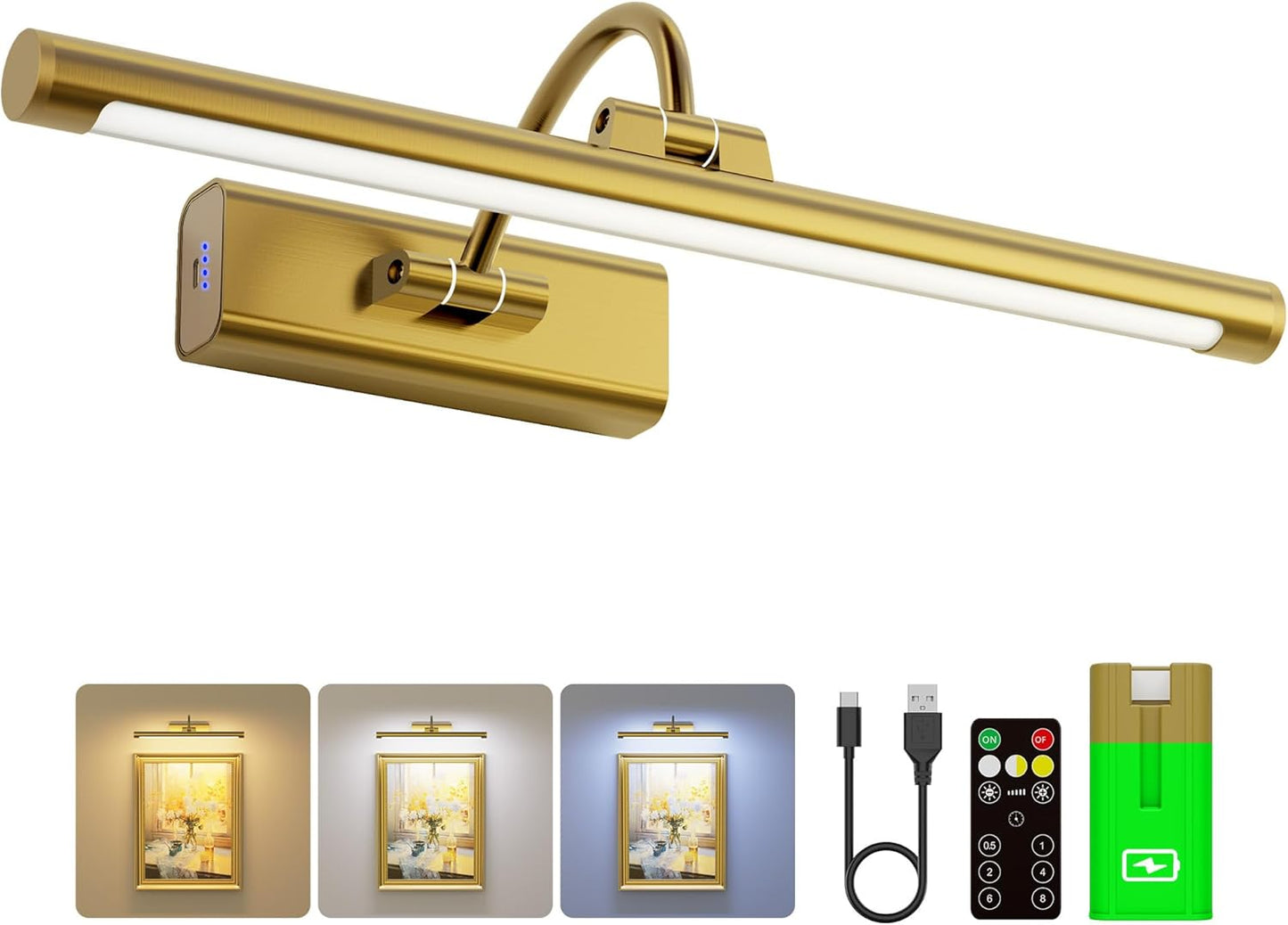 16" Light for Wall Picture with 6000mAh Battery - Brass Operated Wireless Wall Art Light with Remote Control for Artwork, Mirror & Portrait