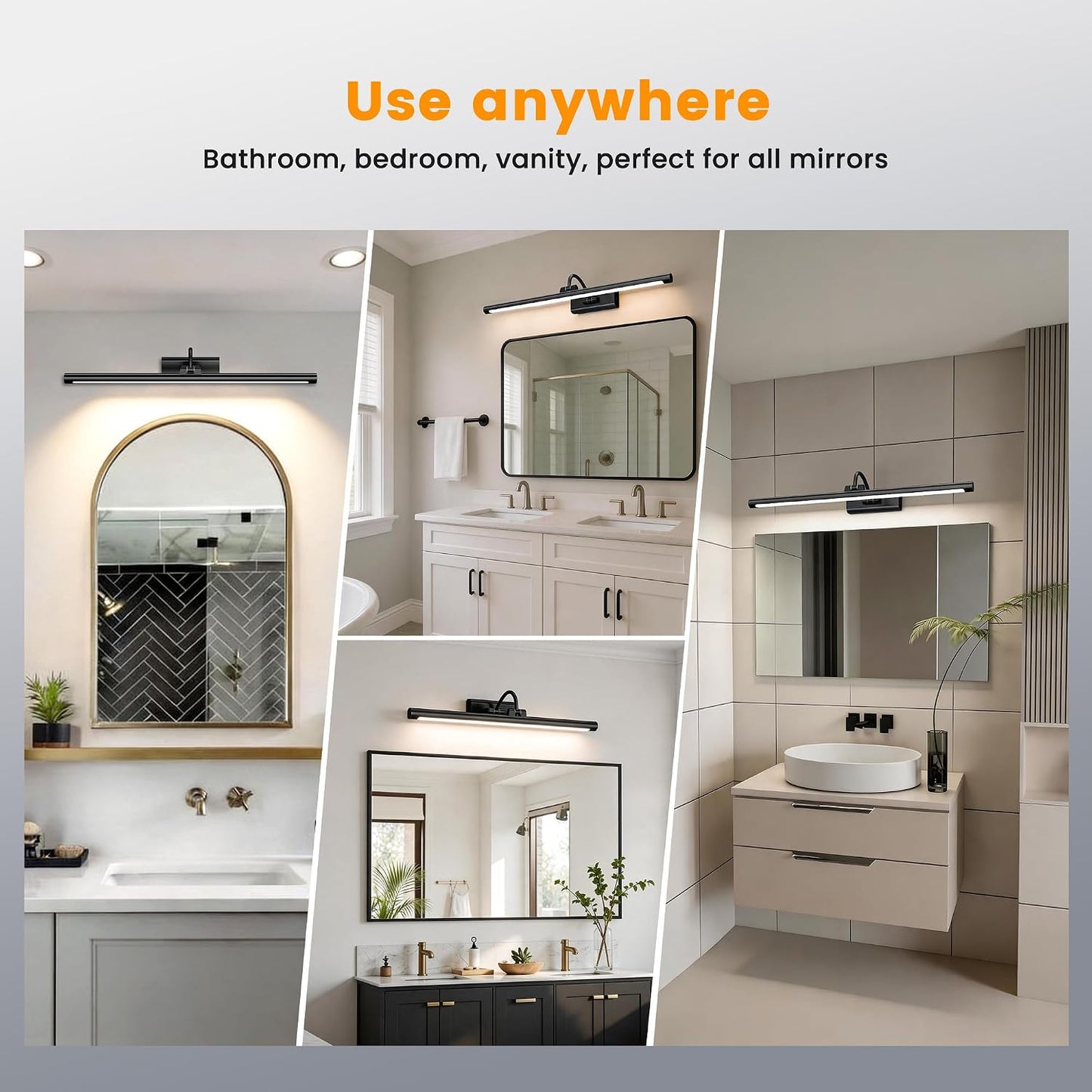 Bathroom Vanity Light Wireless Rechargeable Black 24 inch Black | 10000mAh Rechargeable Battery, 500LM Dimmable, 3 Color Temps, No Wiring , 250° Rotatable with Remote for Bathroom Mirror